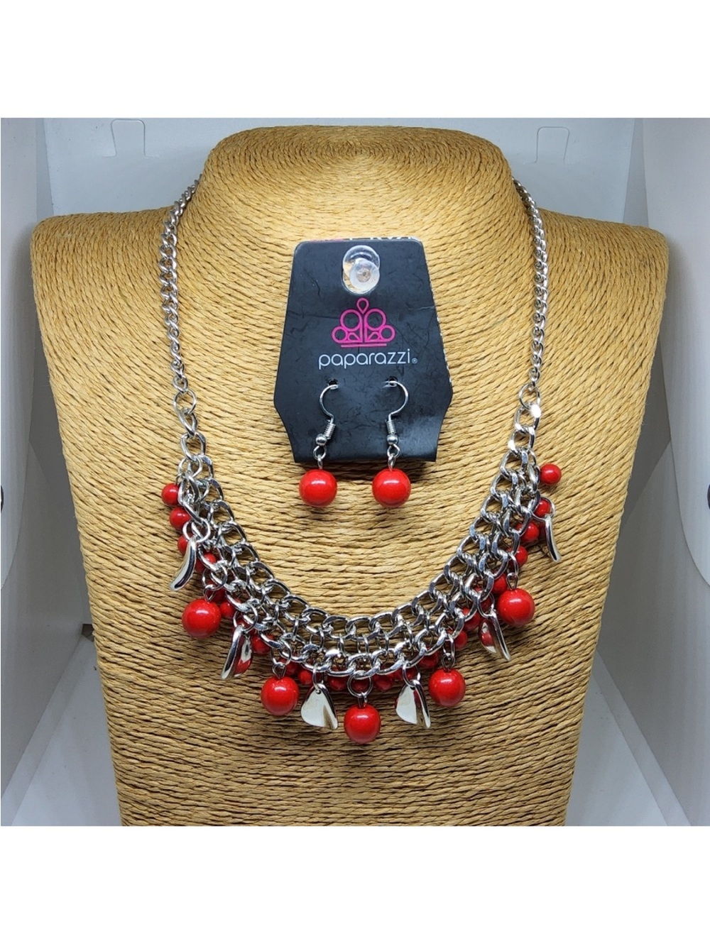 paparazzi Red Bead Multi-Chain Charm Necklace and Earring Set